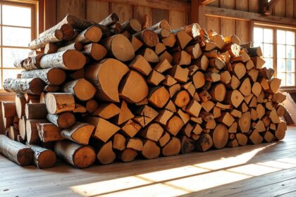 Bûches de bois de chauffage prêtes à l'emploi dans un espace vert