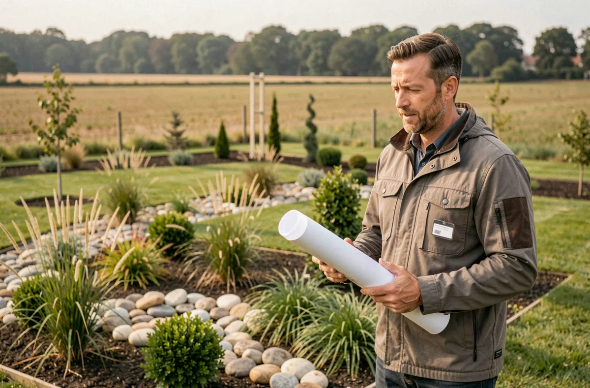 Un paysagiste d'A2E Paysages présente une création paysagère contemporaine avec plantations et pierres décoratives à Haraucourt