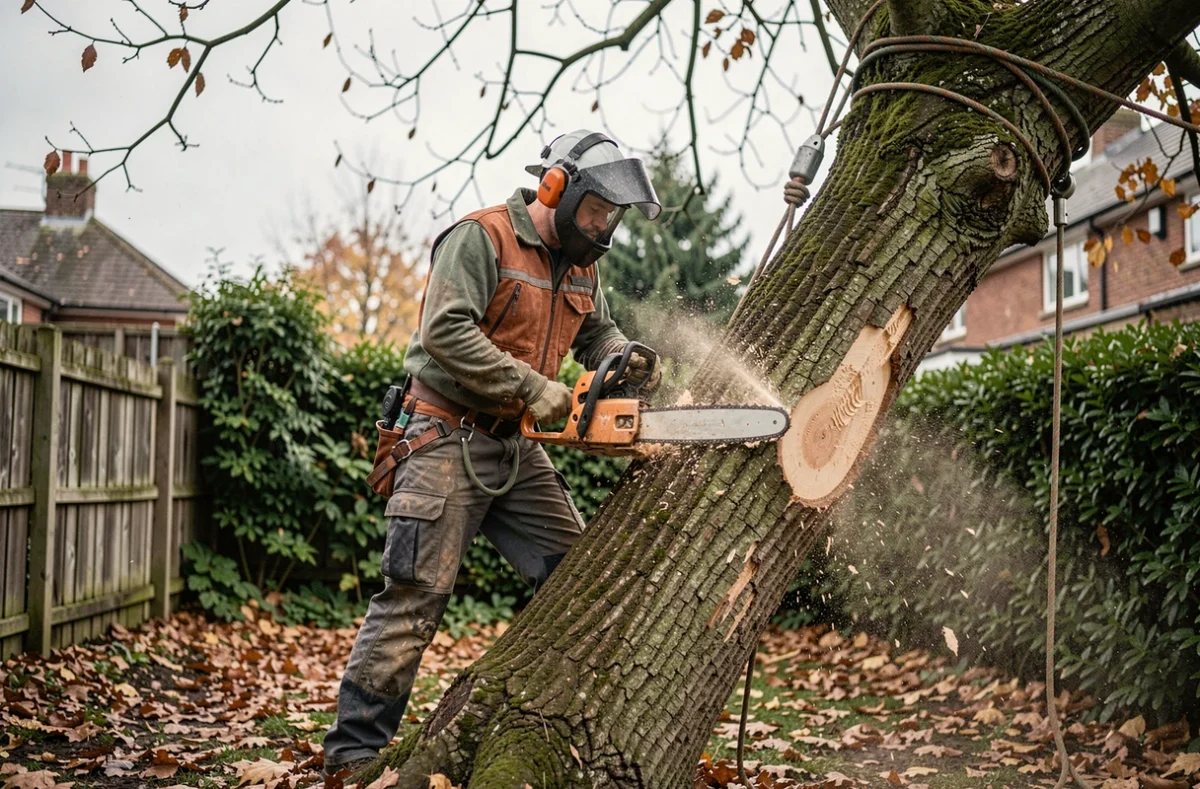 Bûcheron professionnel en plein abattage d'un arbre penché avec tronçonneuse et équipement de sécurité complet