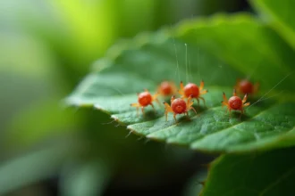 Gros plan hyperréaliste d'acariens rouges (araignées rouges) sur la face inférieure d'une feuille de plante avec toiles visibles