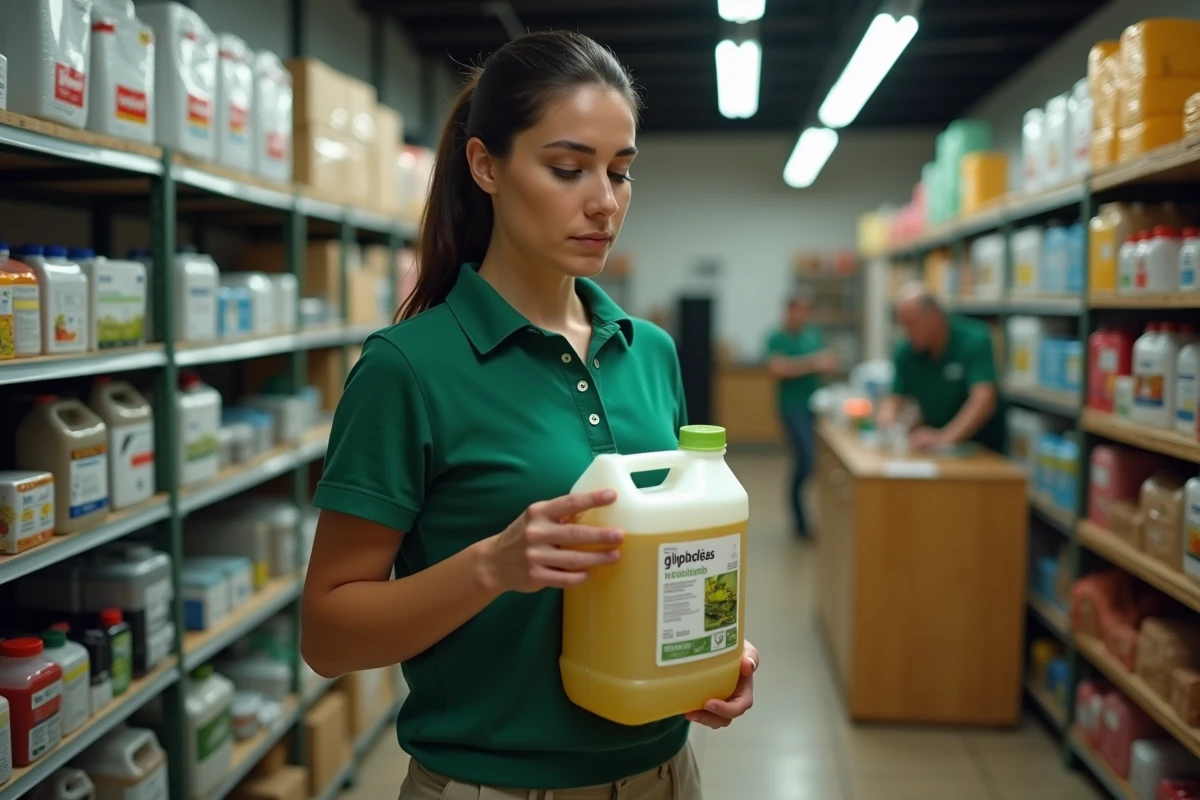 Femme examinant un produit herbicide à base de glyphosate dans un magasin agricole au Portugal