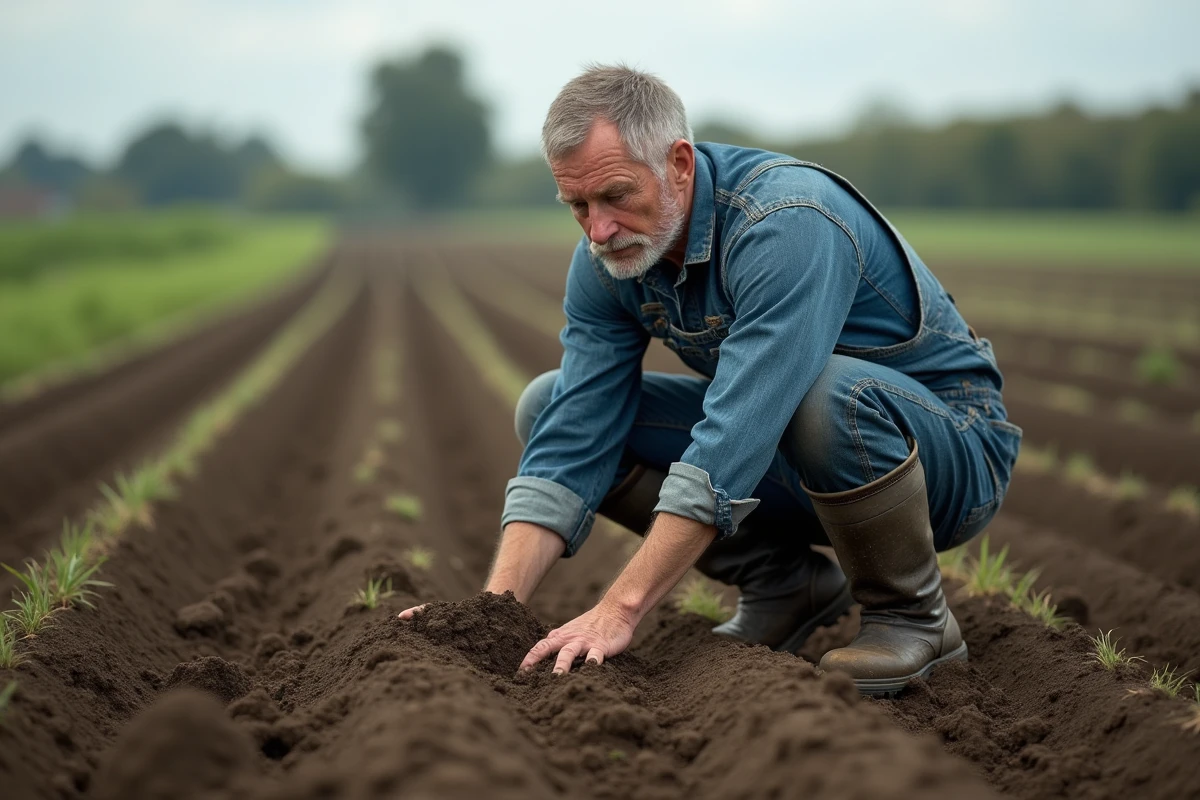 Agriculteur examinant la terre dans un champ agricole vaste représentant la mesure en hectares et en ares