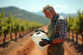 Agriculteur espagnol lisant l'étiquette d'un bidon de glyphosate 5 litres dans un vignoble méditerranéen