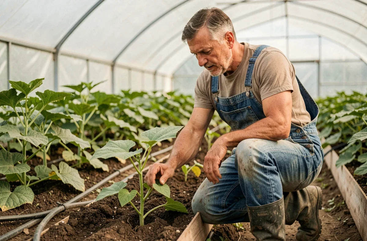 Agriculteur examinant un jeune plant de melon dans une serre maraîchère avec irrigation goutte-à-goutte