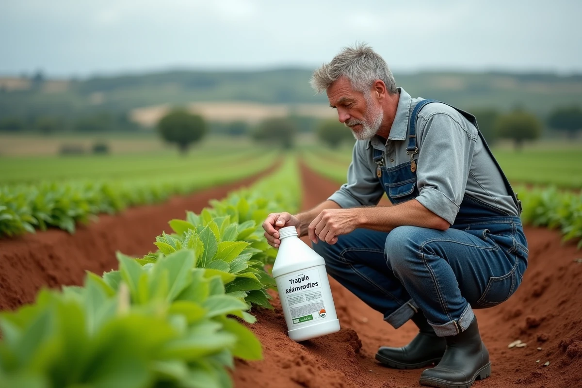 Agriculteur portugais lisant l'étiquette d'un herbicide à base de glyphosate dans un champ cultivé au Portugal