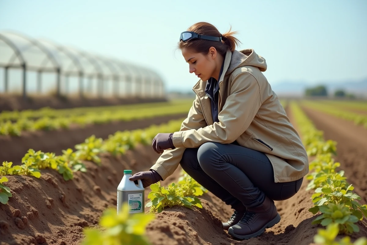 Agronome analysant des mauvaises herbes dans un champ maraîcher espagnol avec un bidon de glyphosate 5 litres au sol