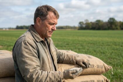 Agronome homme tenant phosphate devant champs verdoyants