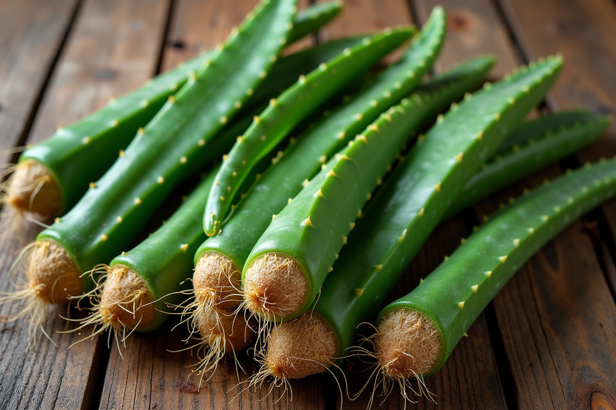 Branches d aloe vera sur une table en bois avec racines visibles