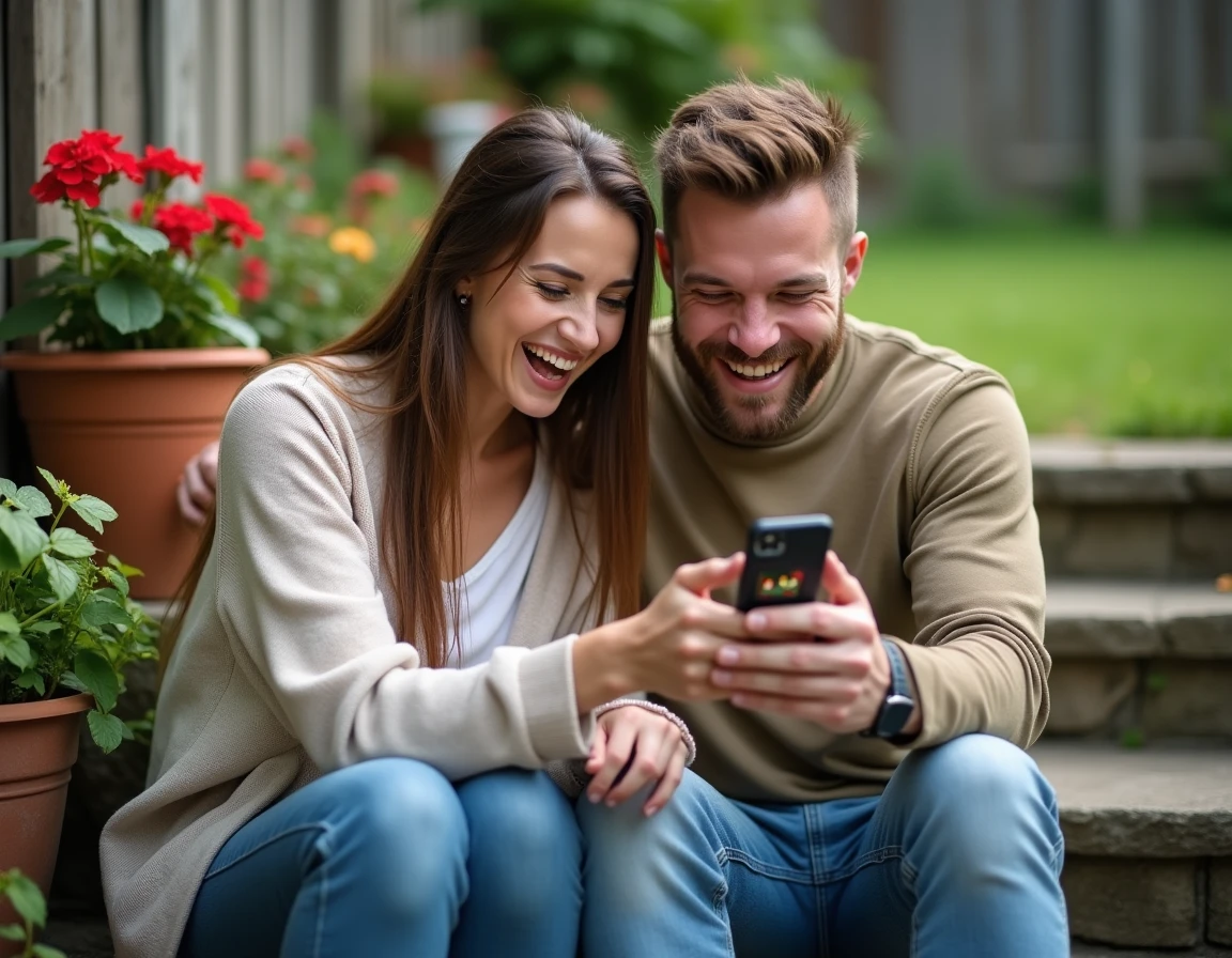 Deux amis jouant ensemble à un jeu de nain de jardin sur smartphone dans un jardin
