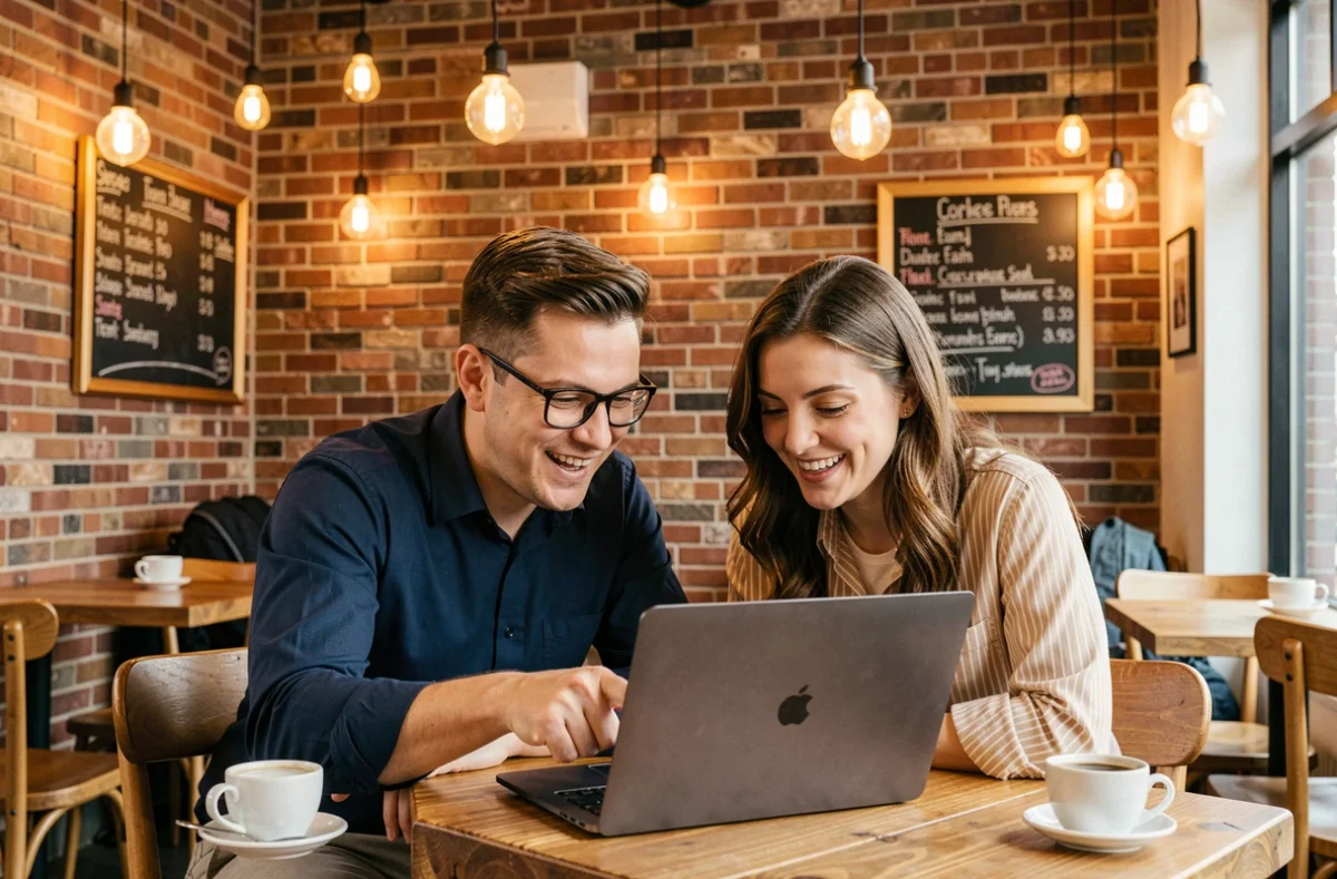 Deux amis découvrant ensemble les jeux du nain de jardin Google sur un ordinateur portable dans un café urbain