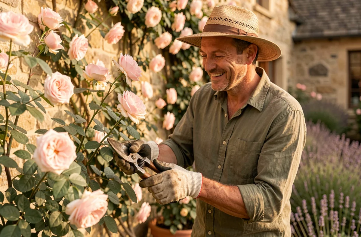 Antoine, jardinier-élagueur d'Antoine et Ses Jardins, taillant des rosiers dans un jardin de cottage en Gironde