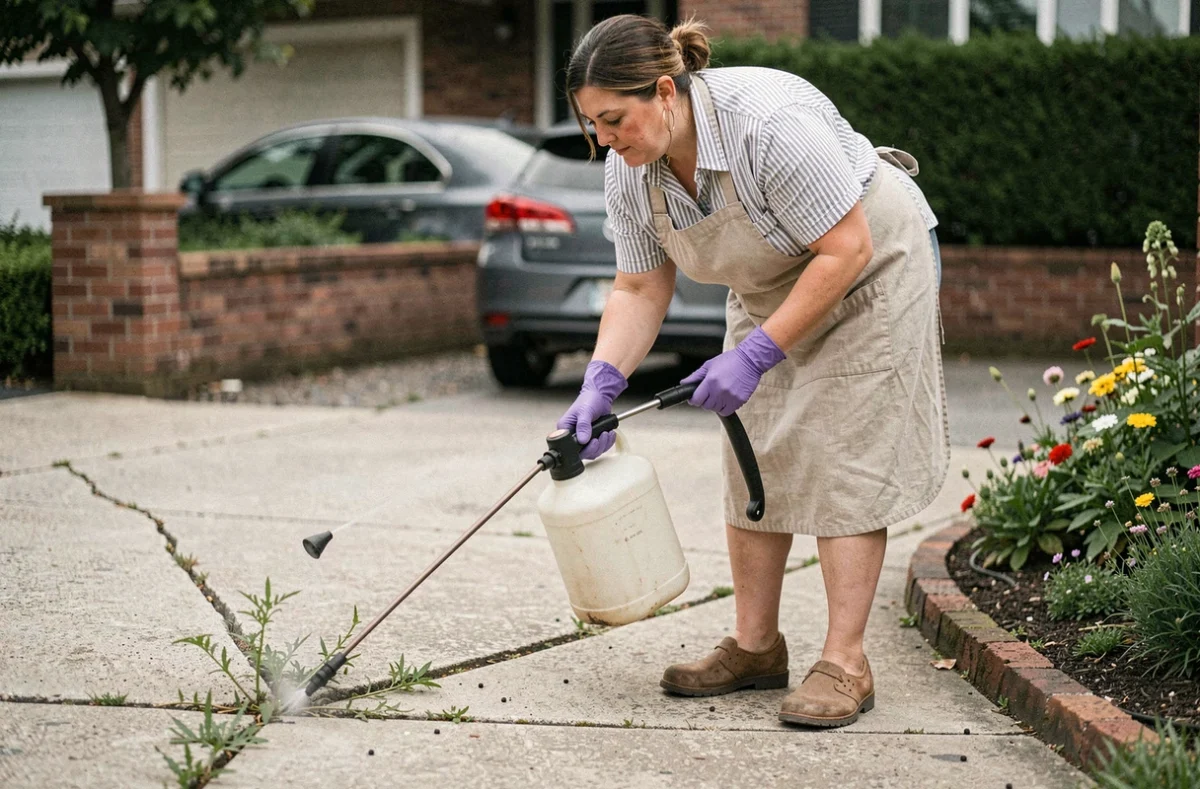 Femme appliquant un désherbant radical sur des mauvaises herbes dans une allée de jardin avec pulvérisateur