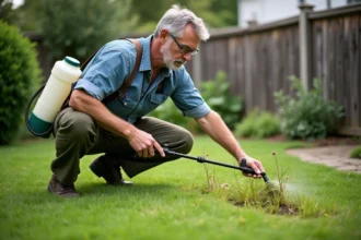 Homme appliquant un désherbant sélectif sur une pelouse avec un pulvérisateur à main, ciblant les mauvaises herbes entre les brins d'herbe sains