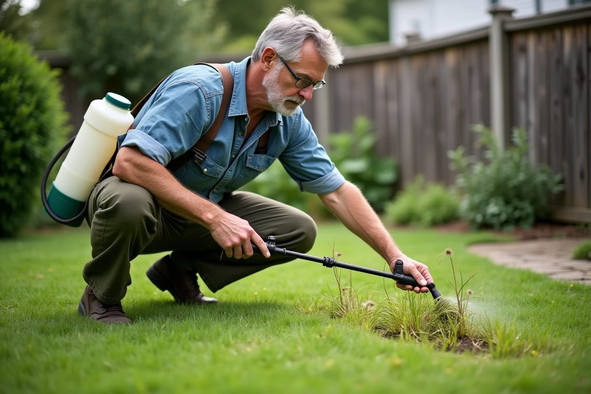Homme appliquant un désherbant sélectif sur une pelouse avec un pulvérisateur à main, ciblant les mauvaises herbes entre les brins d'herbe sains