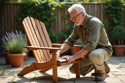 Homme appliquant de l'huile de teck sur un fauteuil de jardin en teck sur une terrasse en pierre