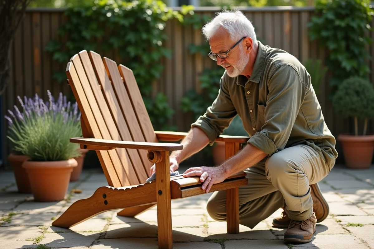 Homme appliquant de l'huile de teck sur un fauteuil de jardin en teck sur une terrasse en pierre