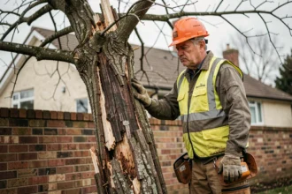 Arboriste professionnel évaluant un grand arbre mort dangereux dans un jardin résidentiel avant abattage