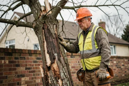 Arboriste professionnel évaluant un grand arbre mort dangereux dans un jardin résidentiel avant abattage