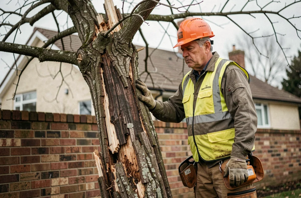 Arboriste professionnel évaluant un grand arbre mort dangereux dans un jardin résidentiel avant abattage
