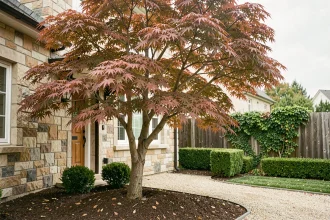 Érable du Japon aux feuilles cramoisies planté près d'une maison en pierre dans un jardin facile à entretenir en automne