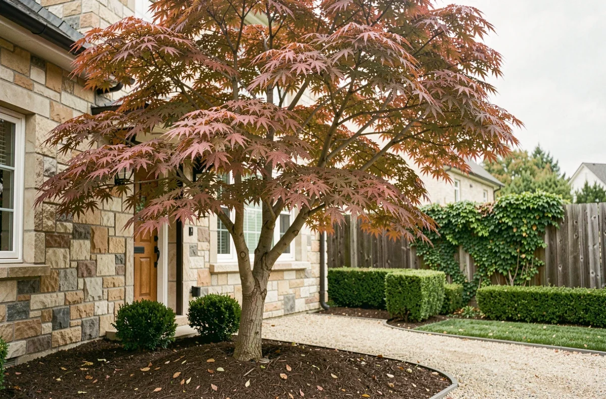 Érable du Japon aux feuilles cramoisies planté près d'une maison en pierre dans un jardin facile à entretenir en automne