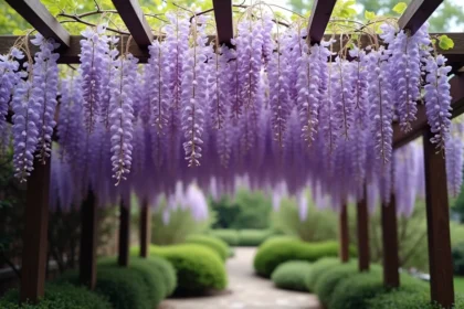 Glycine japonaise en fleurs violettes en cascade sur une pergola en bois dans un jardin verdoyant