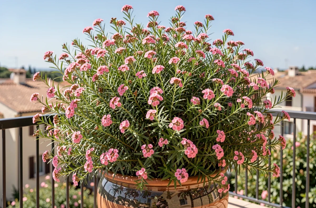 Arbuste Chamelaucium Geraldton Wax en pot sur un balcon fleuri au printemps