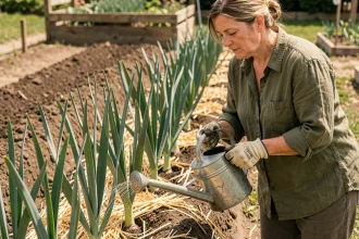 Femme arrosant des poireaux en été avec un arrosoir à faible débit au pied des plants dans un potager mulché