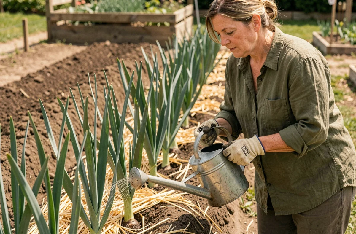 Femme arrosant des poireaux en été avec un arrosoir à faible débit au pied des plants dans un potager mulché