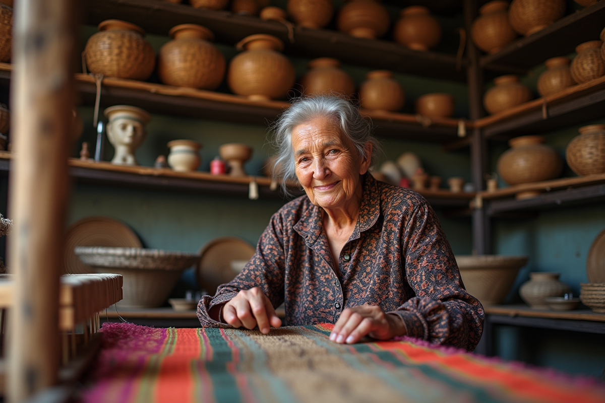 Femme artisan tissant un textile coloré avec concentration