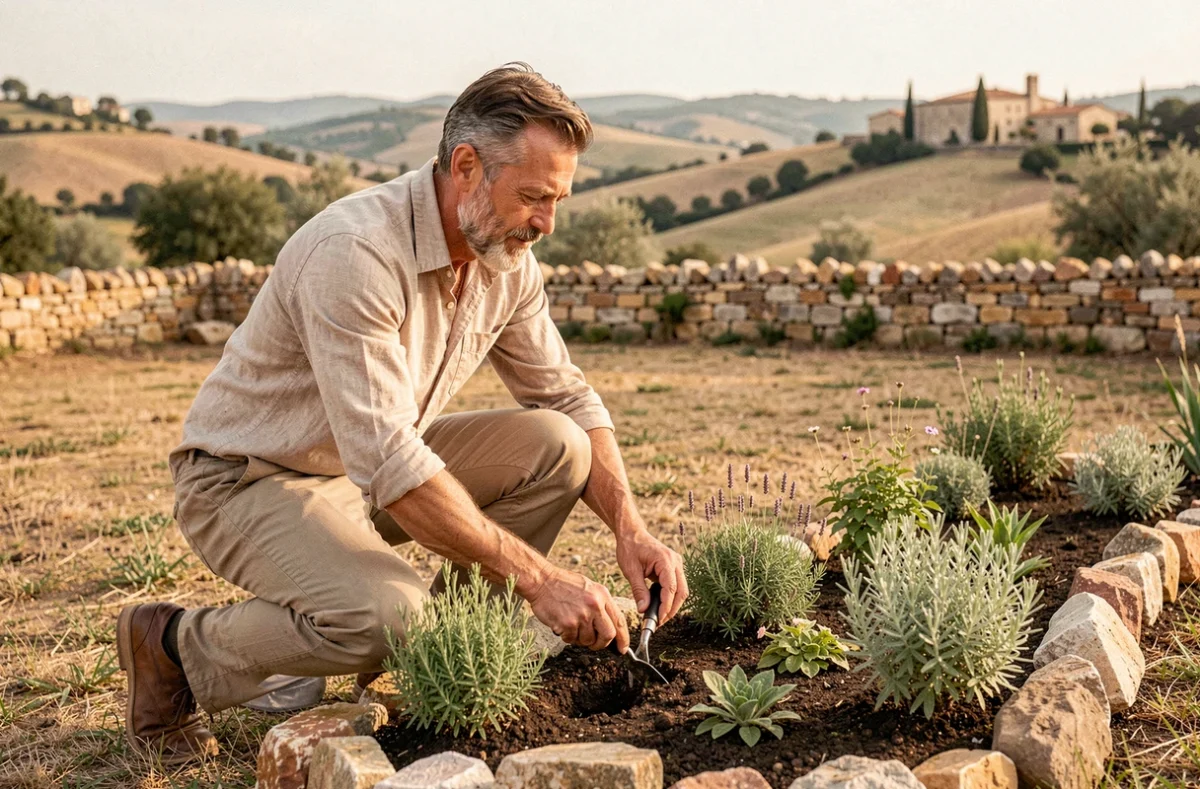 Cyril Falques d'Aurel Paysages créant un massif méditerranéen dans un jardin du Vaucluse