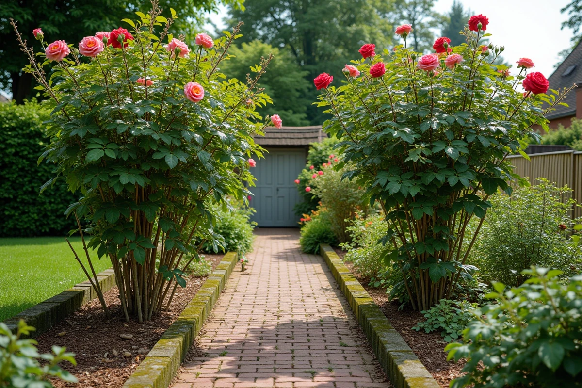 Comparaison avant-après d'un rosier trop haut non taillé et d'un rosier correctement taillé dans un jardin de cottage anglais