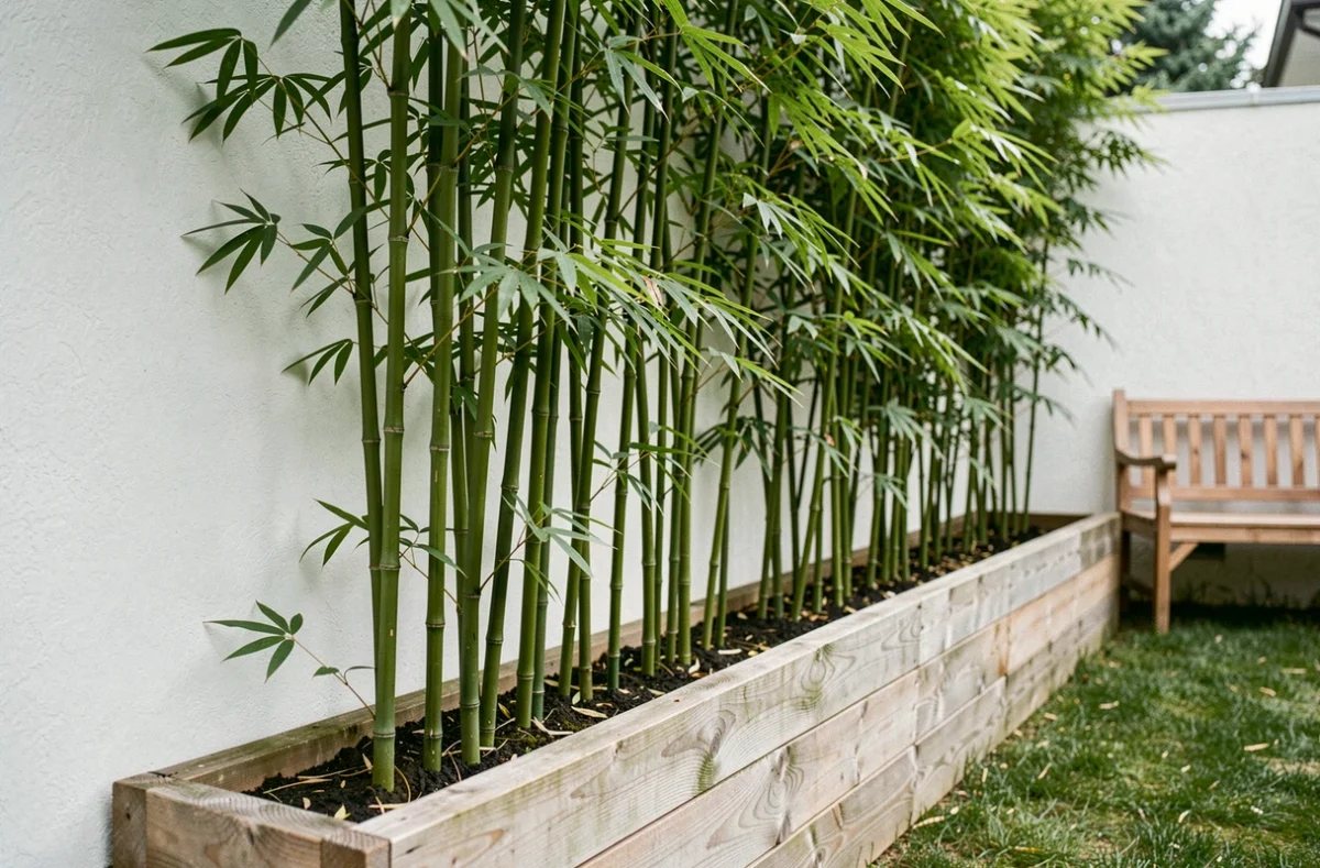 Bambous non traçants en bac en bois le long d'un mur de jardin blanc formant un écran de verdure intimiste