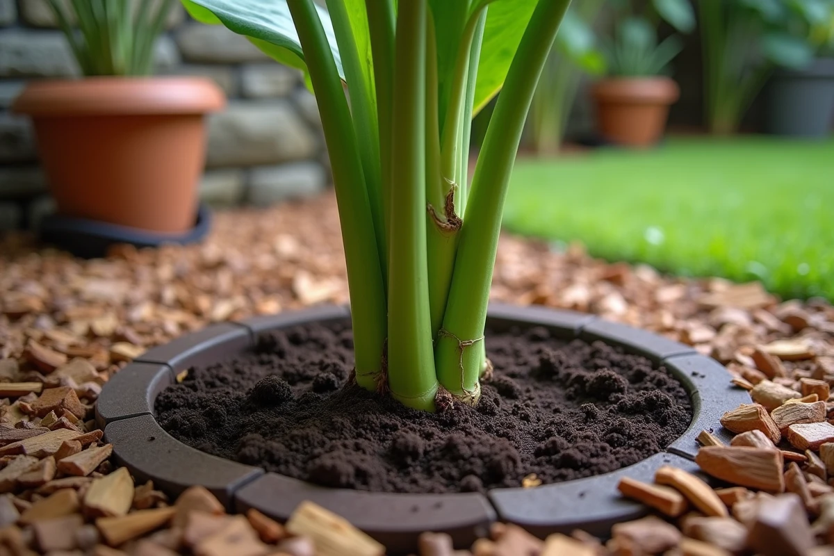 Pied de bananier nouvellement planté en terre avec un paillage de copeaux de bois dans un petit jardin urbain
