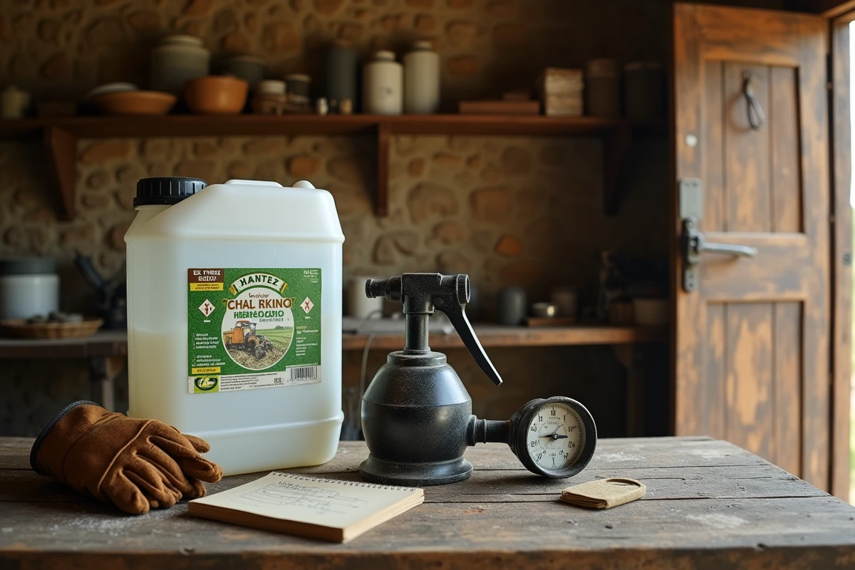 Bidon de glyphosate 5 litres posé sur un établi agricole dans une remise espagnole avec pulvérisateur et gants de travail