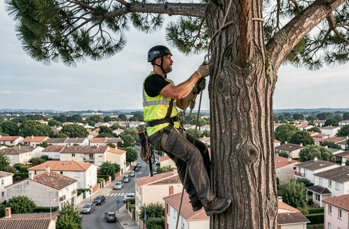 Élagueur de BND Paysage Elagage en rappel sur un grand pin maritime dans un quartier résidentiel près de Bordeaux
