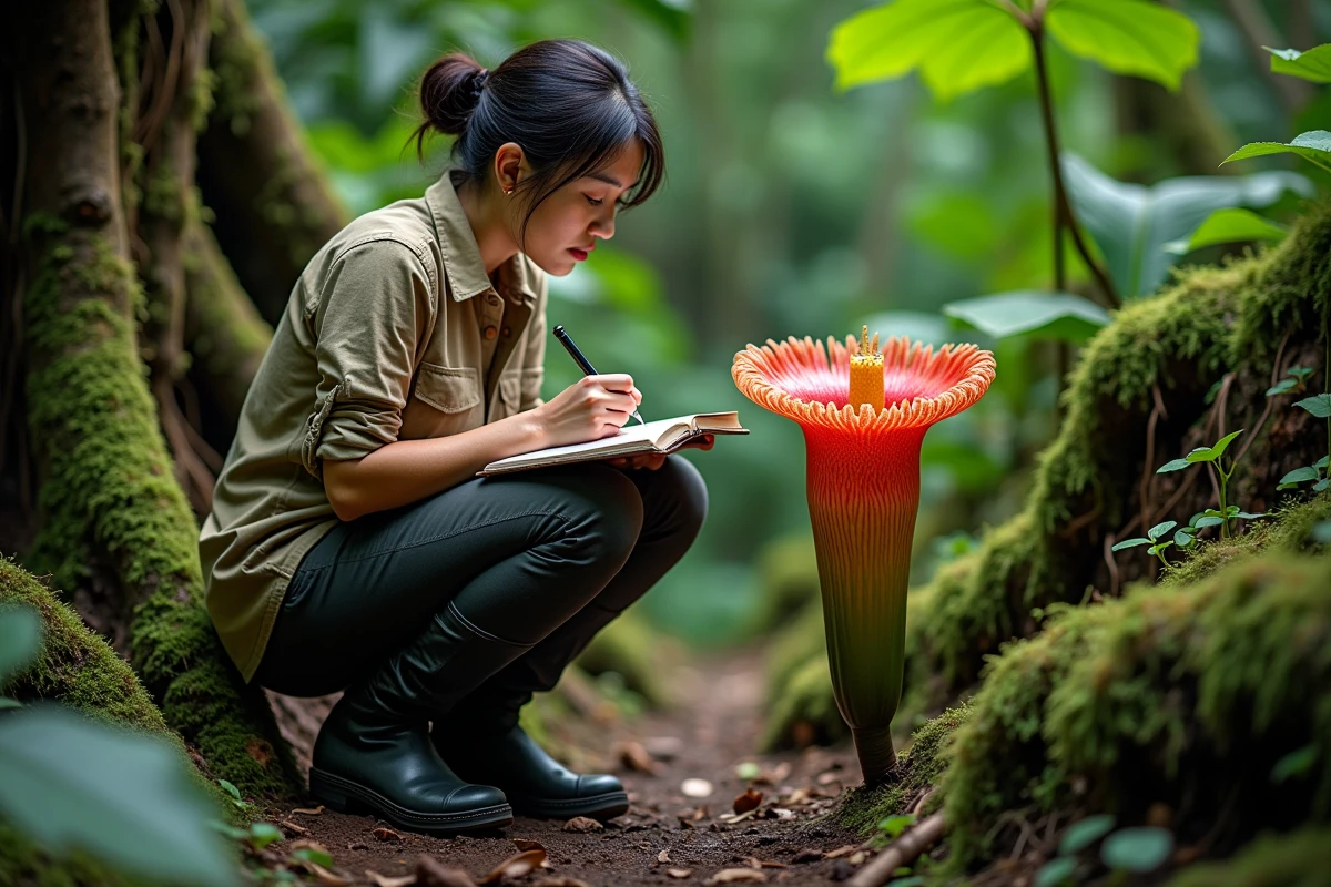 Botaniste étudiant une fleur de Rafflesia dans la forêt tropicale de Malaisie, prenant des notes scientifiques sur le terrain