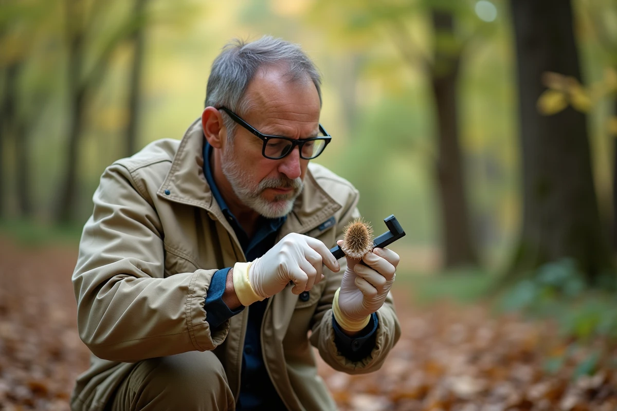 Botaniste examinant une galle de chêne avec une loupe lors d'une inspection terrain en forêt
