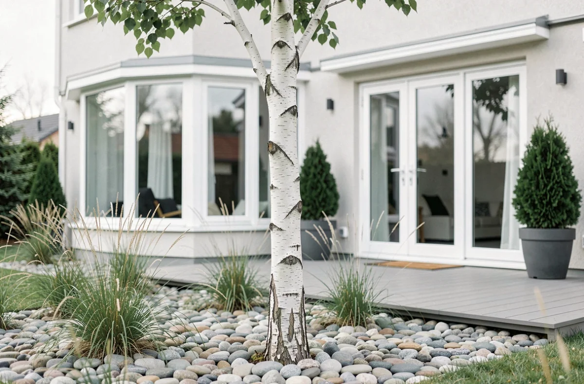 Bouleau blanc au tronc élégant planté dans un jardin moderne à faible entretien près d'une maison contemporaine