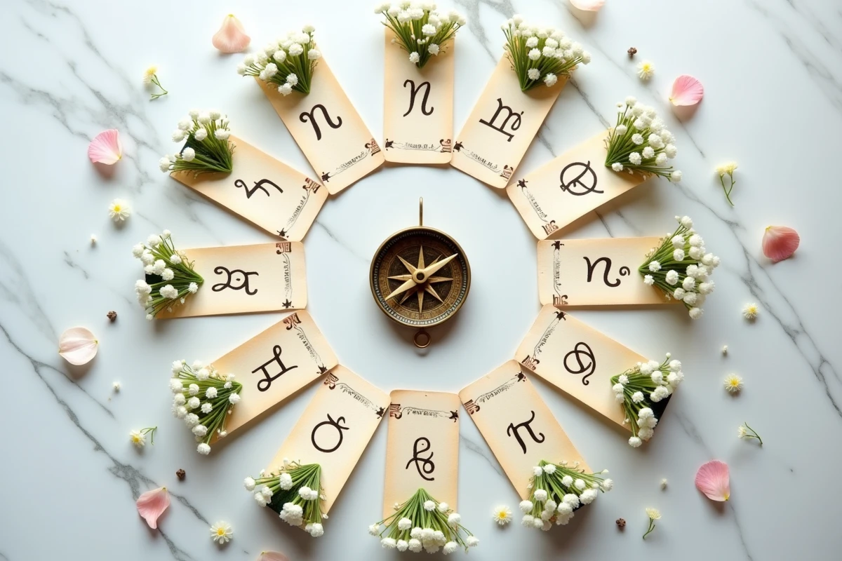 Douze petits bouquets de fleurs de mai associés aux signes du zodiaque sur marbre avec cartes manuscrites en cercle