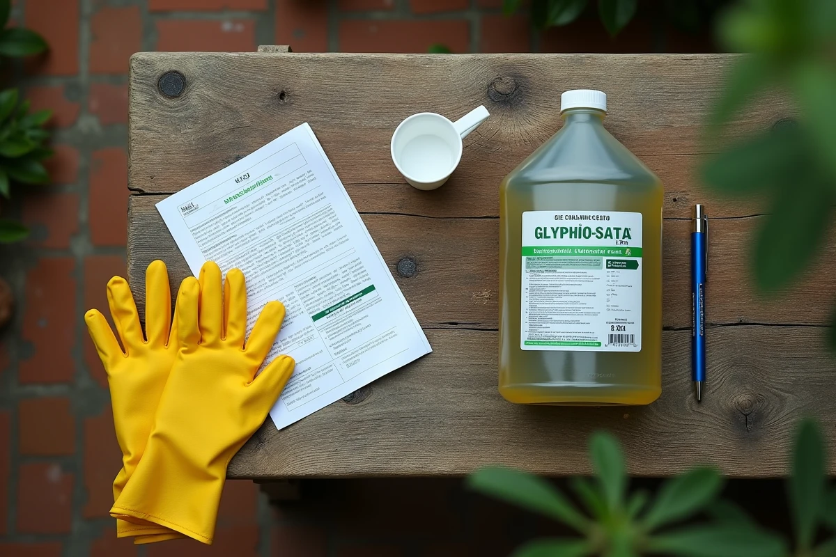 Vue aérienne d'une bouteille de glyphosate avec étiquette réglementaire portugaise, gants de sécurité et documents d'achat sur une table en bois