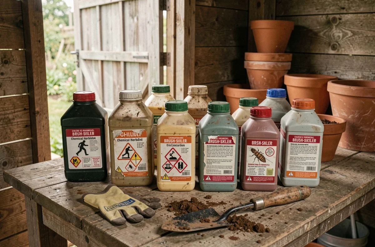 Bouteilles de débroussaillants chimiques avec étiquettes de danger rangées dans un abri de jardin