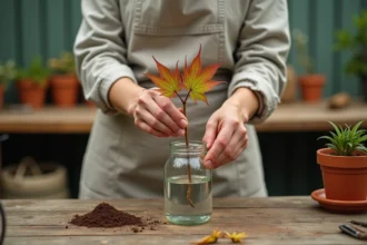 Bouturage d'érable du Japon dans l'eau dans un bocal en verre sur un établi de jardin