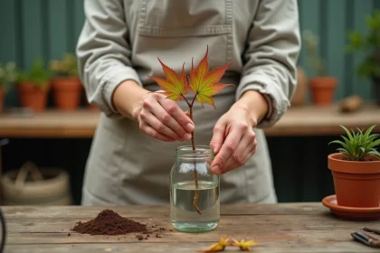 Bouturage d'érable du Japon dans l'eau dans un bocal en verre sur un établi de jardin