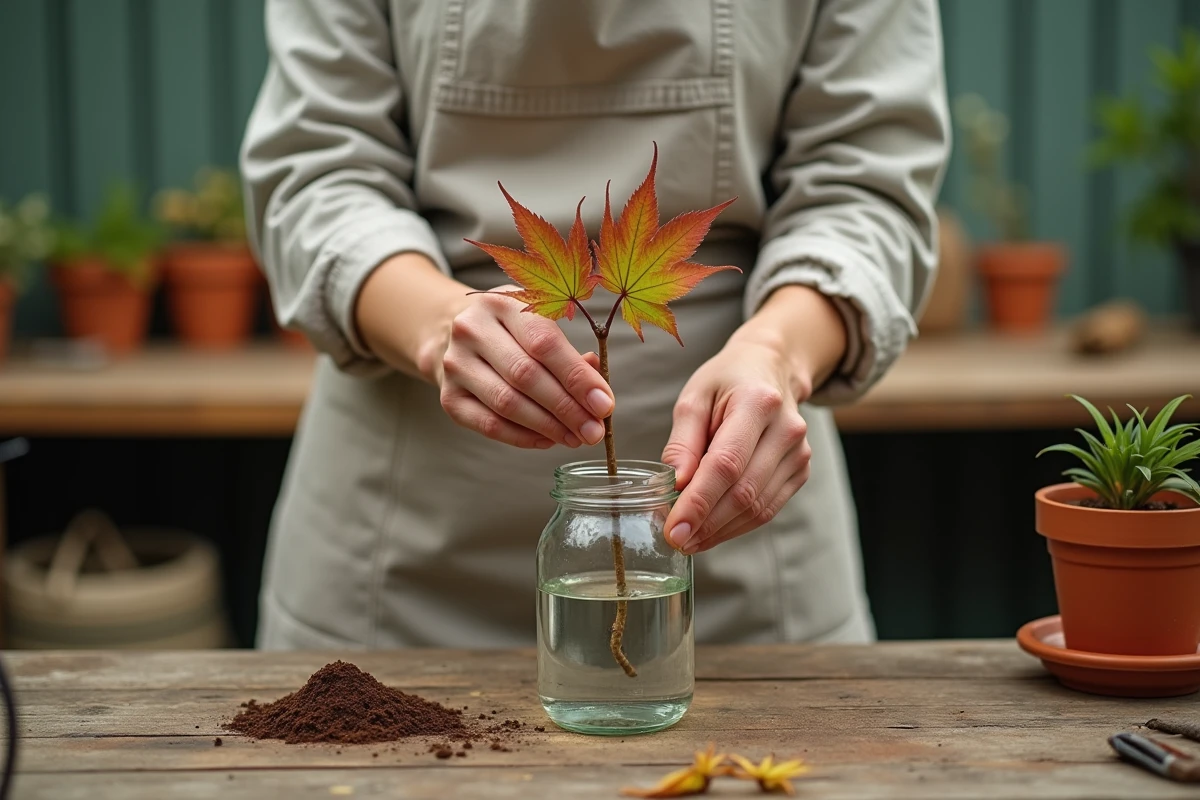Bouturage d'érable du Japon dans l'eau dans un bocal en verre sur un établi de jardin
