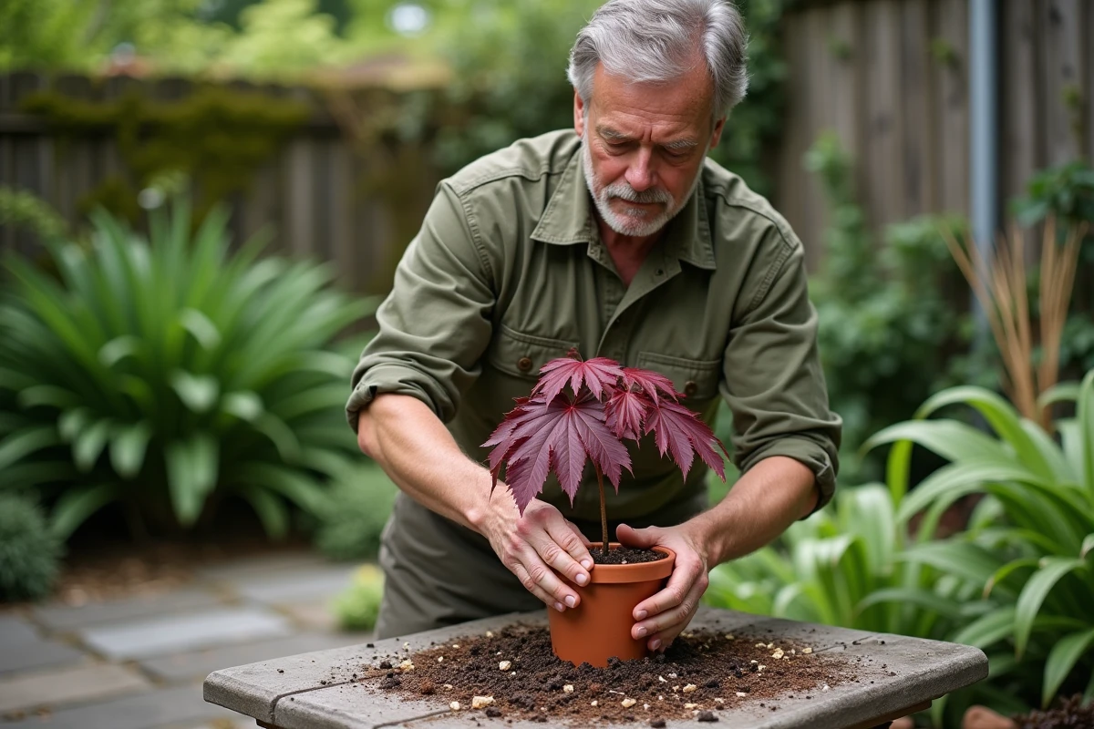 Plantation d'une bouture d'érable du Japon en terre dans un pot en terre cuite au jardin