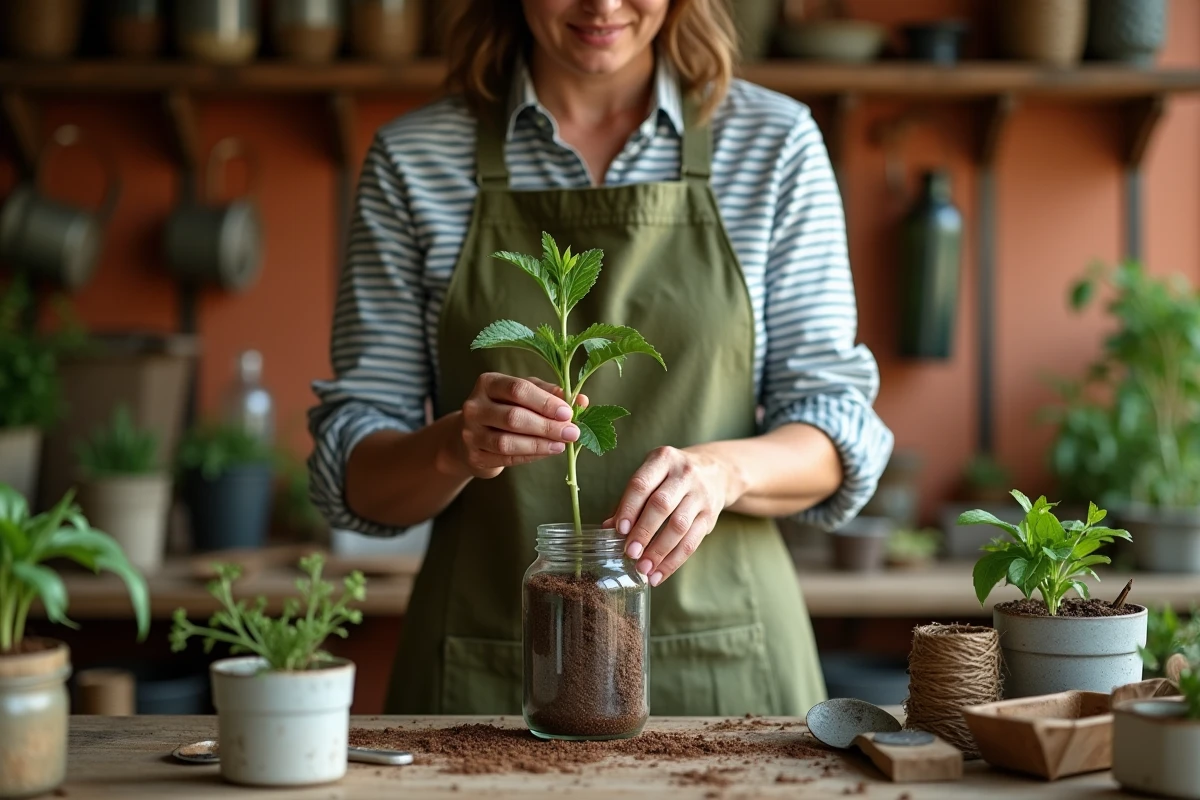 Femme bouturant un photinia dans un pot recyclé en verre avec substrat maison dans un atelier de jardinage rustique