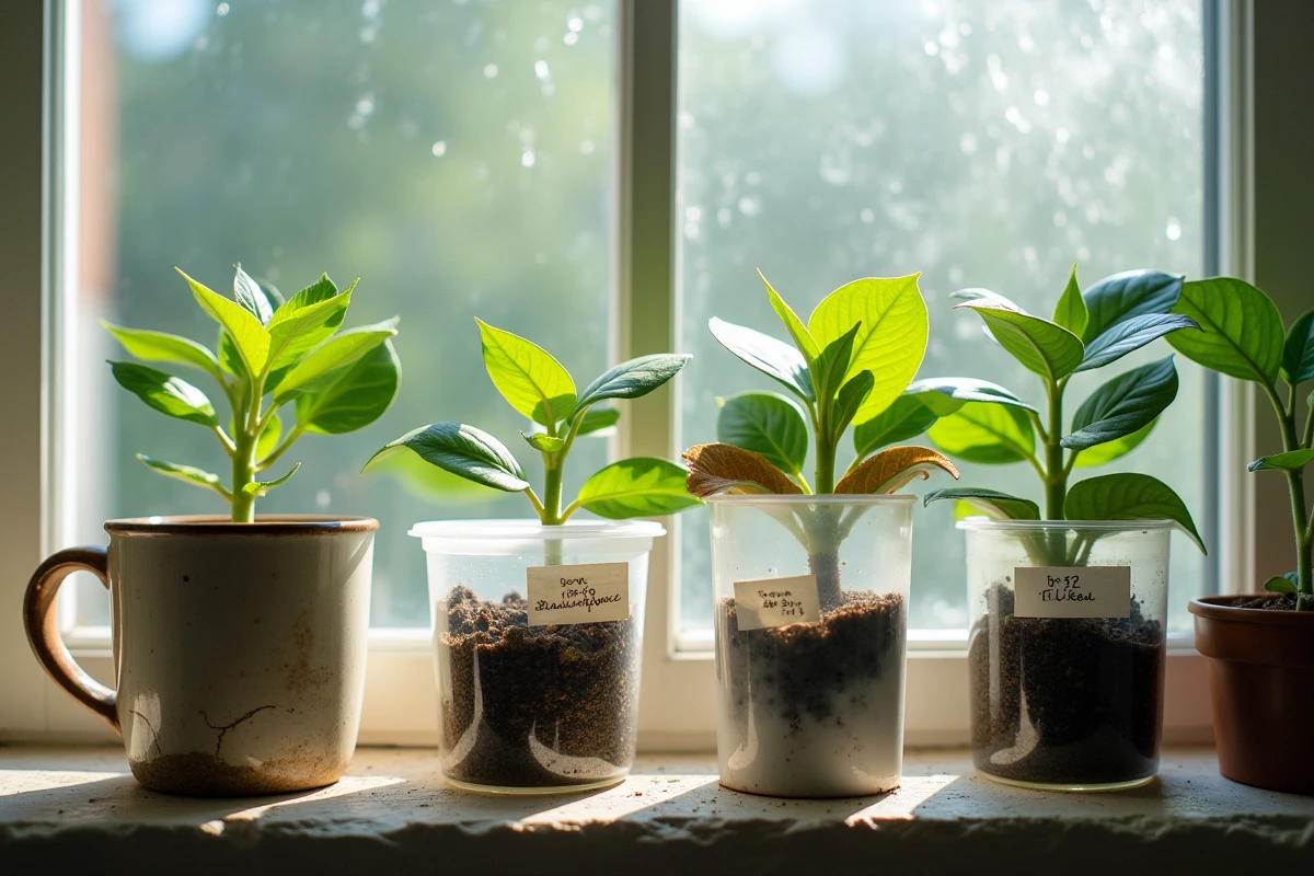 Gros plan sur des boutures de photinia en phase d'enracinement dans des contenants recyclés variés sur un rebord de fenêtre avec substrat maison