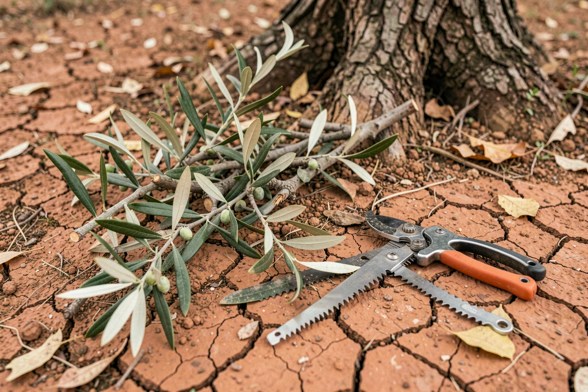 Branches d'olivier fraîchement taillées posées sur un sol de jardin sec avec un sécateur et une scie d'élagage