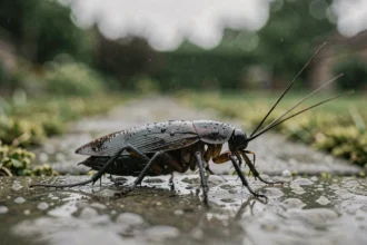 Cafard de jardin noir sur dalle mouillée après la pluie dans un jardin